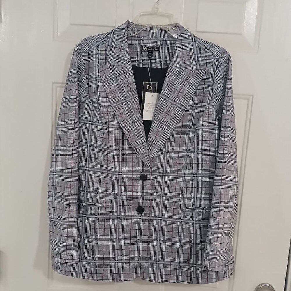 DG2 Diane Gilman Black White Burgundy Plaid Blazer